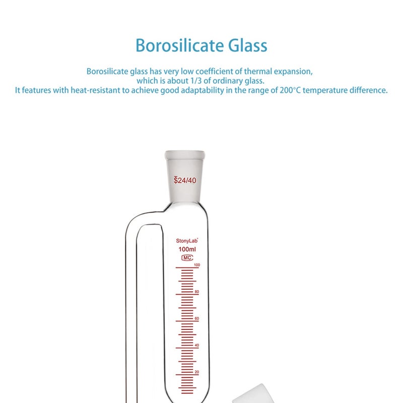stonylab قمع إضافة متساوي الضغط المتدرج، قمع زجاجي بوروسيليكات مع وصلة 24/40 وصمام فراغ عالي، 100 مل للاستخدام في المختبر - Image 3